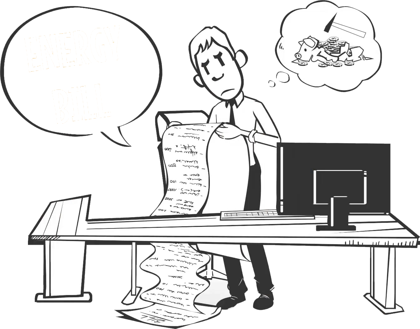 angry man looking at his large energy bill with a broken piggy bank in a thought bubble as wonders how he will pay, electricity_brokers