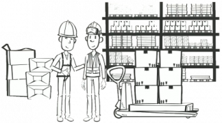 two workers standing next to trolley in factory wharehouse