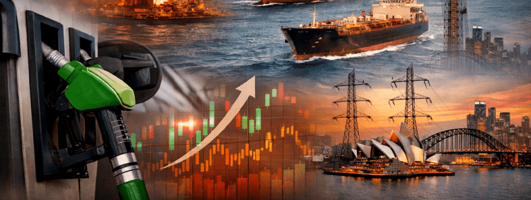 A collage showing a gas pump, cargo ships at sea, power lines, city skylines, the Sydney Opera House, and an upward trending financial graph, highlighting global energy and fuel markets and their impact on your electricity bill.
